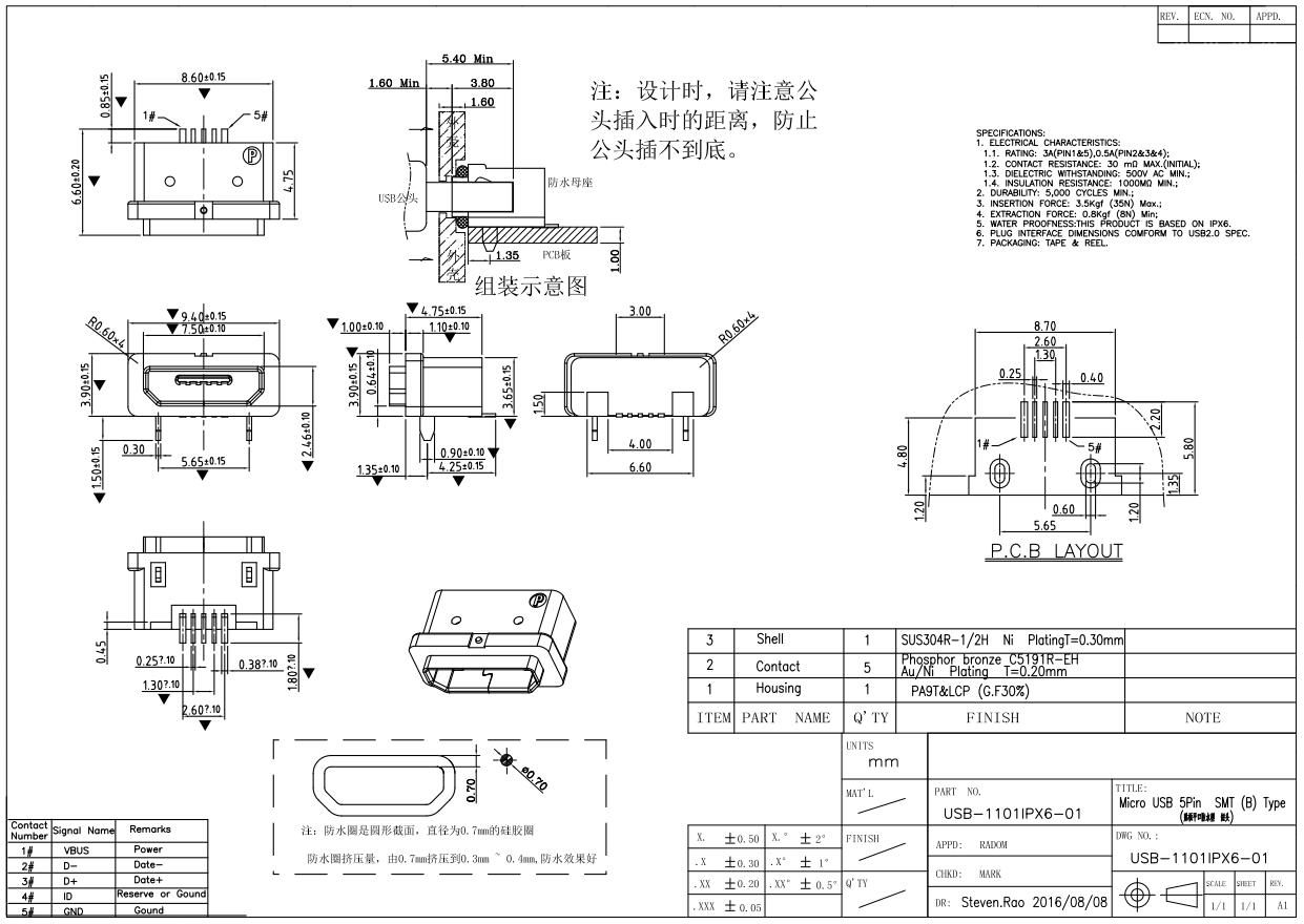 ZL-313MICEO母座B型插板5.9脚长1.5-防水